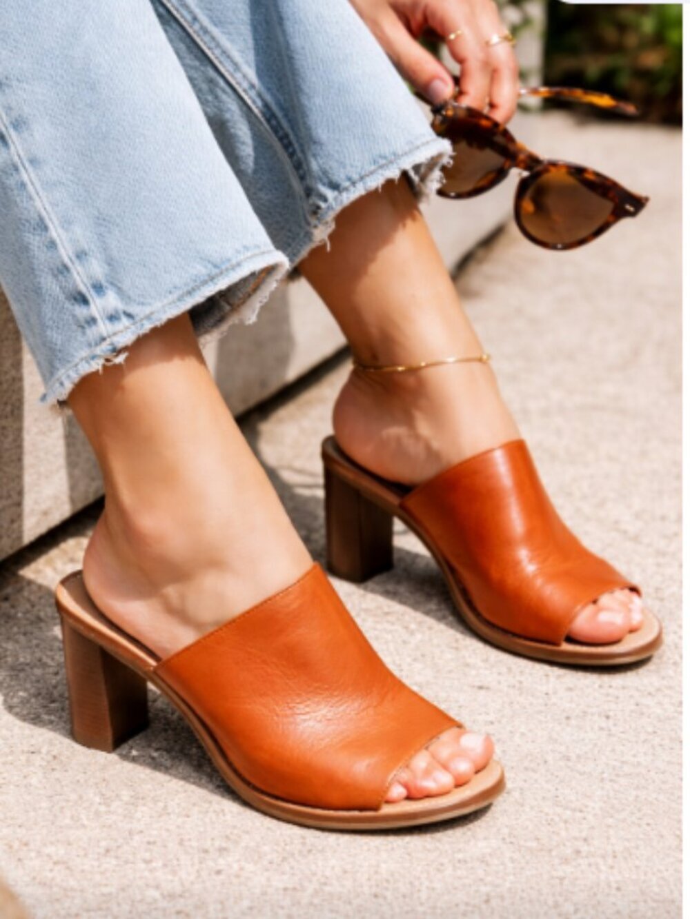J Crew Leather Mule Heels Cognac Brown Block Heel Size 10